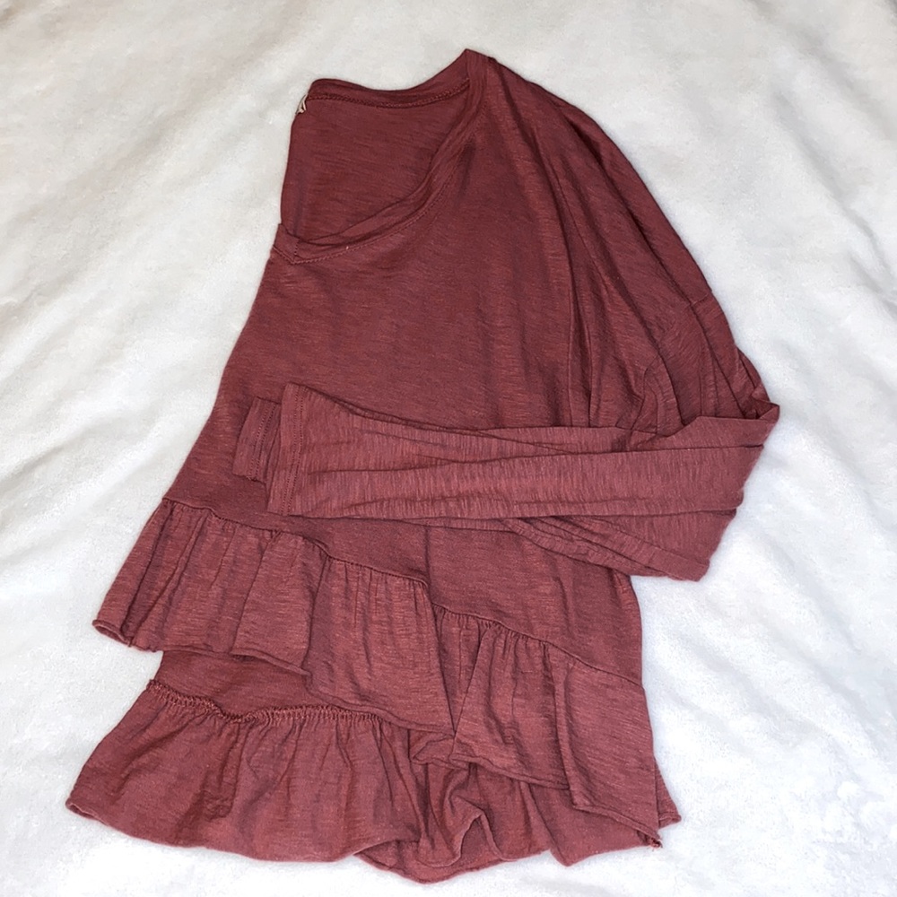 Altar'd State Mauve Pink Ruffle Hem Long Sleeve Cropped Shirt